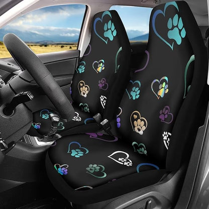 Colorful Heart Dog Paw Print Car Seat Covers Full Set of 2, Cloth Seat for Auto Front Seats, Black Bucket Seat Covers for Cars Washable and Breathable Car Accessories for Sedan Truck SUV