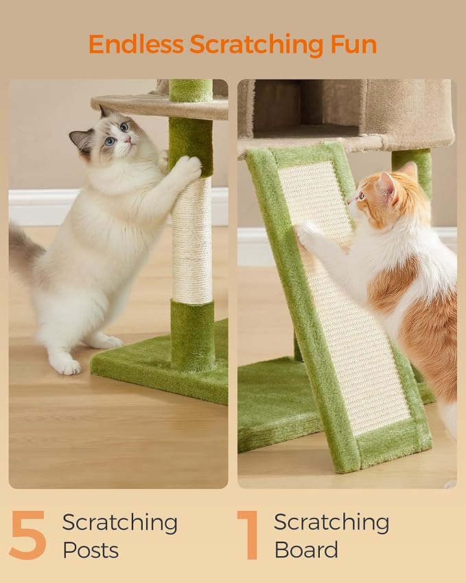 Feandrea Cat Tree, 45.3-Inch Cat Tower, Plush Condo with Scratching Post, Ramp, Perch, Spacious Cave, for Small Space, Grass Green and Camel Brown UPCT141CB03