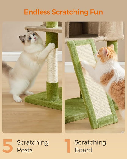 Feandrea Cat Tree, 45.3-Inch Cat Tower, Plush Condo with Scratching Post, Ramp, Perch, Spacious Cave, for Small Space, Grass Green and Camel Brown UPCT141CB03
