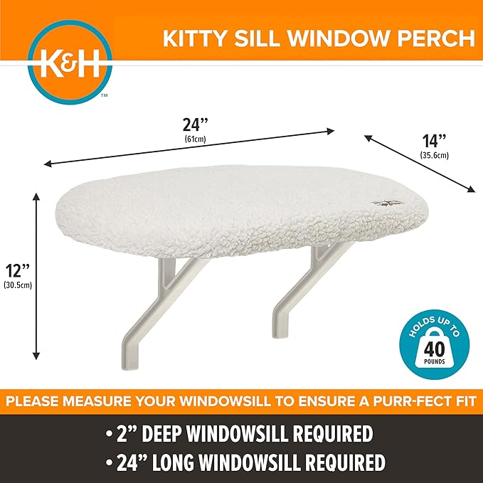 K&H Cat Window Perch Kitty Sill - Cat Window Hammock Bed with Strong Suction Cups Hold 40 lbs, Cushioned Windowsill Bed for Indoor Cats, Washable Cover, Cream Fleece, 24 x 14 Inches