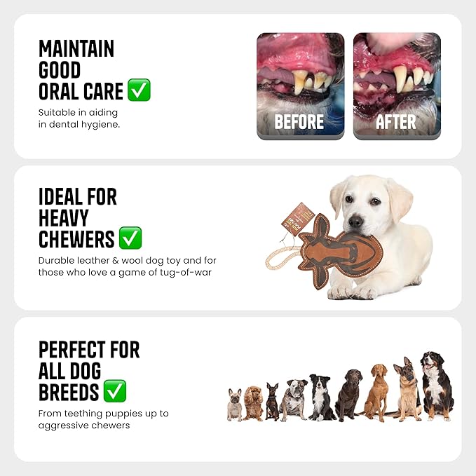 Bull Leather Chew Toy for Aggressive Chewers - Extra Thick Wool, Stitched & Real Leather Dog Toy for Small, Medium & Large Dogs - Durable & Safe Chew Toys for Puppies