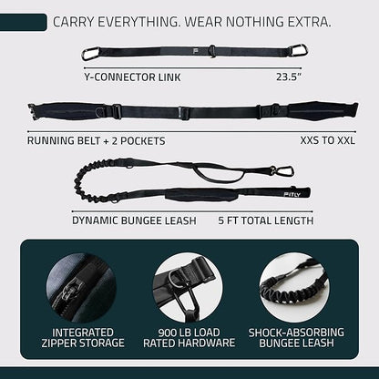 FITLY Dog Running Waist Belt - Dual-Point Force Distribution System - Hands-On-Hips Canicross Harness for Running, Walks, Hikes - Convertible Design with Storage Pouch & Bungee Damper - Nifty Black