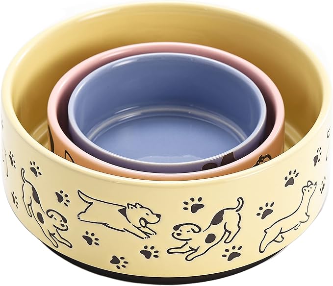 Bico Happy Dogs Yellow Ceramic 76oz Pet Bowl, for Large Size Dog, Puppy, Cat, Kitten, Durable and Dishwasher Safe Stoneware