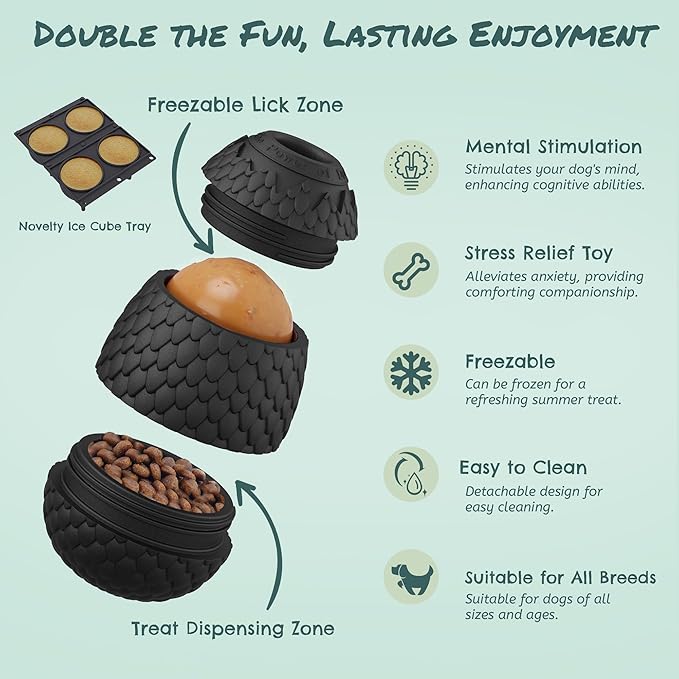 2-in-1 Enrichment Chew Toy for Dogs - Frozen Treat Toy & Dispensing Dog Puzzles Toy, Fillable Rubber Interactive Toy, Keeps Dogs Busy, Reduces Anxiety, Safe & Easy to Clean Black
