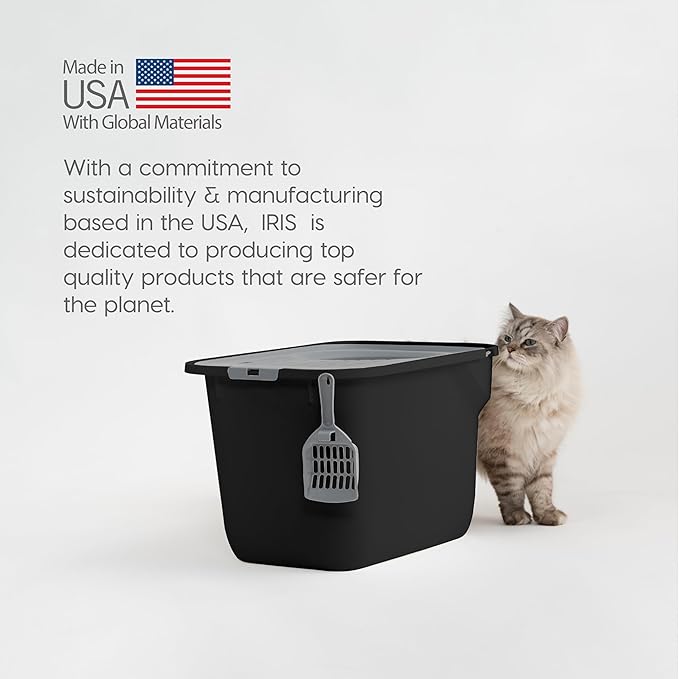 IRIS USA Large Cat Litter Box Top Entry with Lid, Enclosed Litter Box with Litter Catching Lid & Scoop, Covered Cat Litter Box Enclosure for Privacy, High Sided, Black/Gray