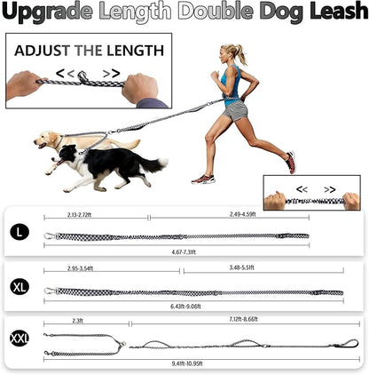 Roses&Poetry Hands Free Double Dog Leash for Two Dogs, 9-11ft Adjustable Bungee Walking Waist Lead, Dual Dog Leash with Tangle-Free Swivel for Medium Large Dogs Heavy Duty Running(Blackwhite)