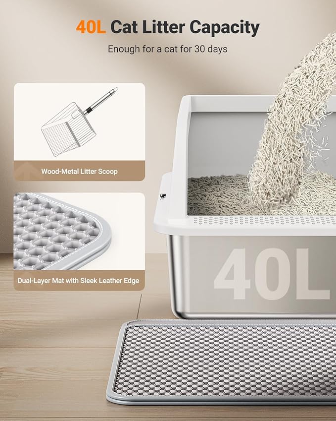 XL Stainless Steel Litter Box, Extra Large Metal Cat Litter Box with High Sided for Big Cats, Enclosed Litter Boxed with Lid, Easy-Clean Cat Litter Mat & Scoop Kit, Anti-Urine Leakage (White)