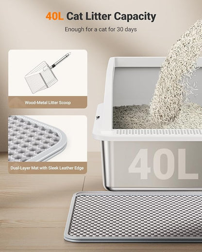 XL Stainless Steel Litter Box, Extra Large Metal Cat Litter Box with High Sided for Big Cats, Enclosed Litter Boxed with Lid, Easy-Clean Cat Litter Mat & Scoop Kit, Anti-Urine Leakage (White)