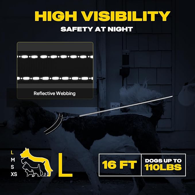 Fida Retractable Dog Leash with Dispenser and Poop Bags, 16 ft Pet Walking Leash for Large Dog up to 110 lbs, Anti-Slip Handle, Tangle-Free, Reflective Nylon Tape (L, Teel)