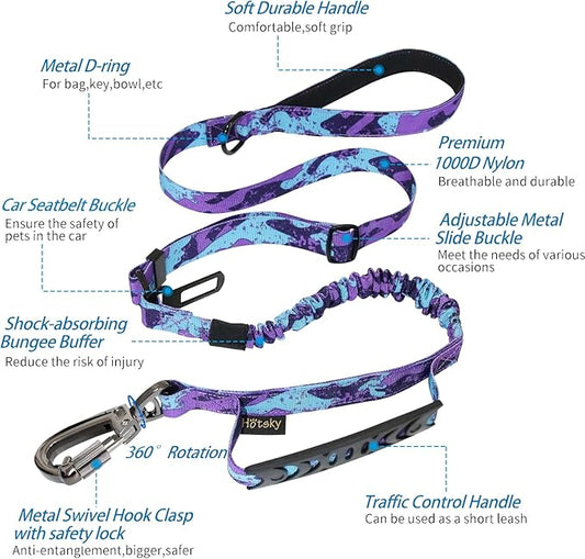 Hotsky Tactical Dog Leash Heavy Duty for Medium Large Dogs that Pull,4-6Ft Strong Bungee Shock Absorbing No Pull Dog Leash with Padded Double Handle and Car Seatbelt,Purple Camo