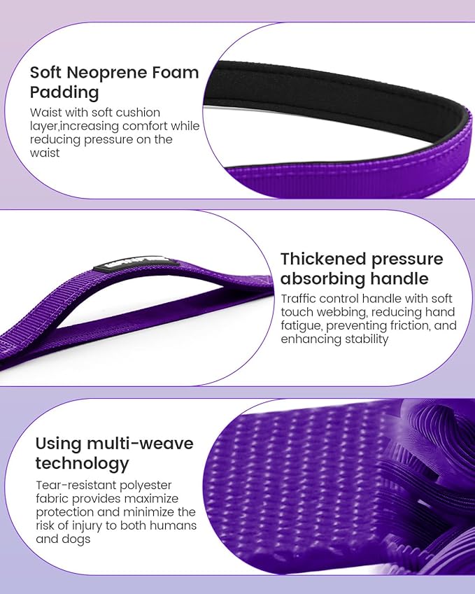 Hands Free Dog Leash, Multifunctional Crossbody Dog Leash, 5.9-9.5Ft Long Waist Belt with Car Seatbelt and Double-Sided Reflective Stitches for Medium and Large Dogs Walking, Jogging(Purple)