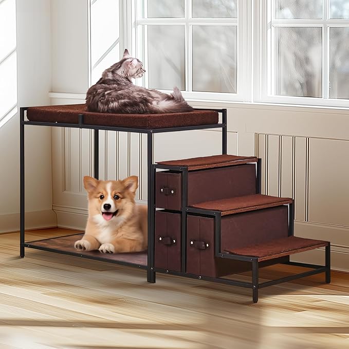 VEVOR Pet Bunk Bed with Stairs, Dog/Cat Window Perch with Storage, Multi-Level Bed Window Perch Dog Bedside Sleeper Couch, Pet Seat Platform for Medium Size Pet, Indoor Use (Dark Brown)