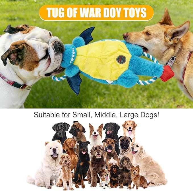 Interactive Squeaky Dog Chew Toy, Tough Plush Dog Toys for Chewers, Small, Medium & Large Dogs, Plush with Double Rope Handles for Tug of War, Mess-Free, Blue