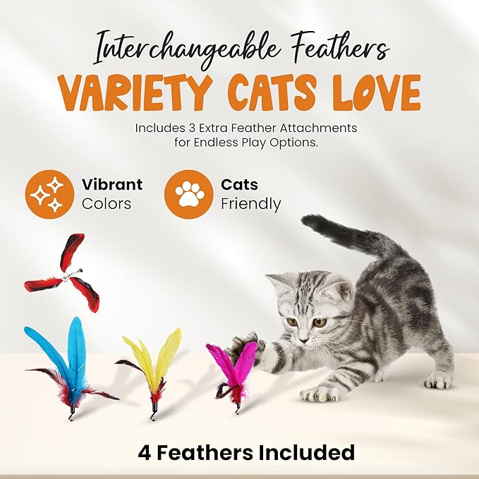 Hi Pets- Cat Wand with 4 pcs Natural Teaser Feathers, Interactive for Indoor Cats,1pc 72 in, Telescopic Cat Wand Long and Flexible, Interactive for Teaser Play and Chase Exercise with Kitten.