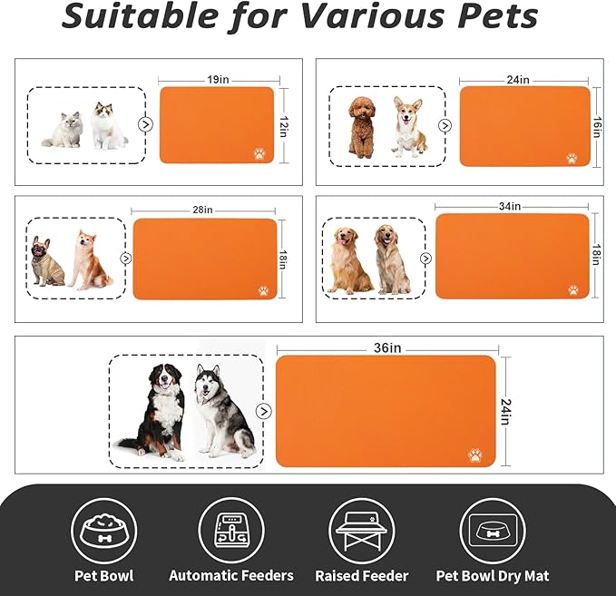 Dog Food Mat - Absorbent Cat Mat for Food and Water, No Stains Pet Feeding Bowl Mat, Easy to Clean Pet Placemats, Quick Dry Dog Water Dispenser Mat for Messy Drinkers | Paw Orange 16"x 24"