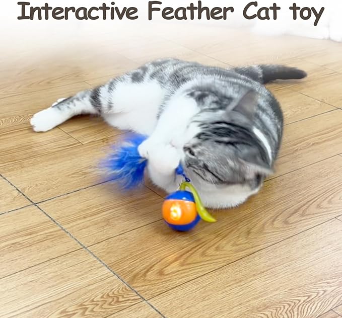 Migipaws 2-in-1 Interactive Cat Toy Ball – Paw Friendly Kicking Chasing Ball with Bonus Fluffy Tail for Indoor Cats Random Rolling Auto Escape Corners Tangle-Free Quiet USB Rechargeable (Blue)