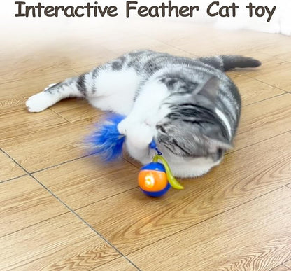 Migipaws 2-in-1 Interactive Cat Toy Ball – Paw Friendly Kicking Chasing Ball with Bonus Fluffy Tail for Indoor Cats Random Rolling Auto Escape Corners Tangle-Free Quiet USB Rechargeable (Blue)