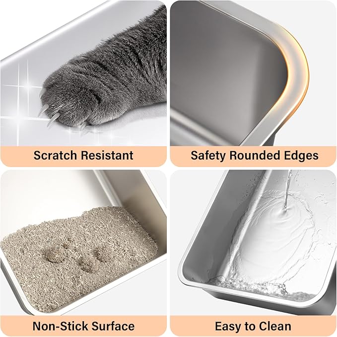 Stainless Steel Cat Litter Box with Lid, 2 Pack XL Metal Litter Box Stainless Steel with Mat & Scoop, Odor-Free/Anti-Leakage & Non-Stick, High-Sided Litter Box for Multiple Big Cats(XL/Grey)