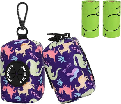 Petmolico Attachment,Waste Bag Dispenser Zippered Pouch, Fits Any Leash, Includes Free Roll of Dog Bags, Poop Bag Dispenser - 2 Packs, Little Dinosaurs