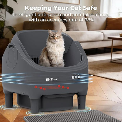 Self Cleaning Litter Box, Automatic Cat Litter Box-APP Control, Open-Design Electric Litter Box, Safety Anti-Pinch, Odor-Free Waste Disposal Includes Trash Bags, Suitable for Multiple Cats, Grey