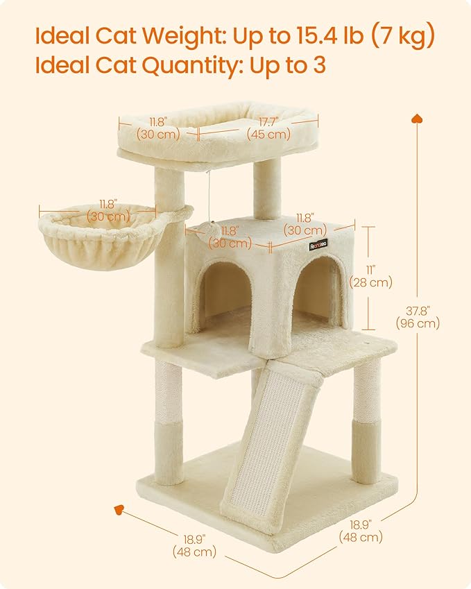Feandrea Cat Tree, 37.8-Inch Cat Tower, Multi-Level Condo with Widened Perch, Scratching Posts and Ramp, 2-Door Cave, Hammock, Beige UPCT51M