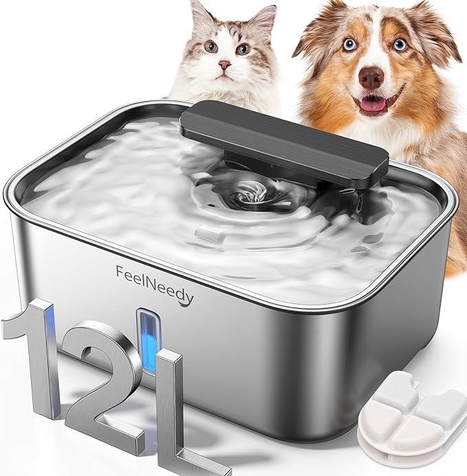 3.2Gal/12L Dog Water Fountain for Large Dogs, Stainless Steel Dog Water Bowl Dispenser with Deeper & Wider Drinking Area, FEELNEEDY Automatic Pet Fountain with Window & LED Light