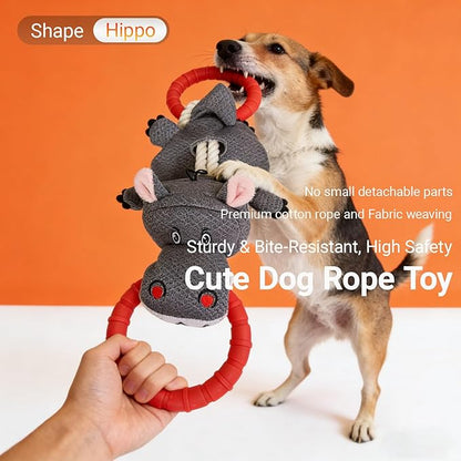 Tug of War Dog Toy - Rubber & Cotton Rope Toys for Dogs, Large Double Ring Dog Tug Toy,Interactive Dog Toys for Small Medium Large Dogs(Hippo)