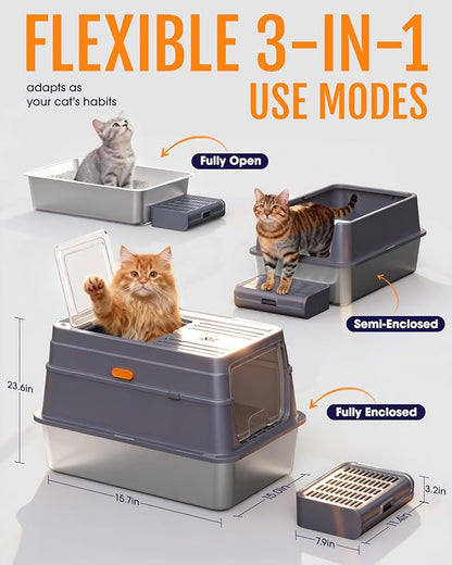Cat Litter Box - Stainless Steel Litter Box with Lid for Kitty, Metal Base Enclosed Cat Box with Litter Scoop, Elevated Step Box, Activated-Carbon Pack, 23.6" x 15.7" x 15", Grey