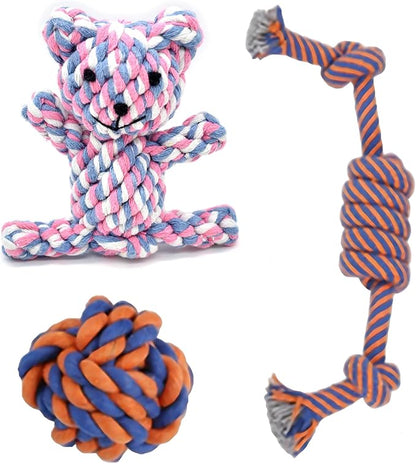 SunGrow Cotton Knot Puppy Chews, 4.5" Tough Teething Chewable Teddy Bear, 2.5" Ball, 12" Durable Oral Chew Rope, Handwoven for Small Breeds Dog, Massage Teeth, Gums, Random Color, 3 Pcs
