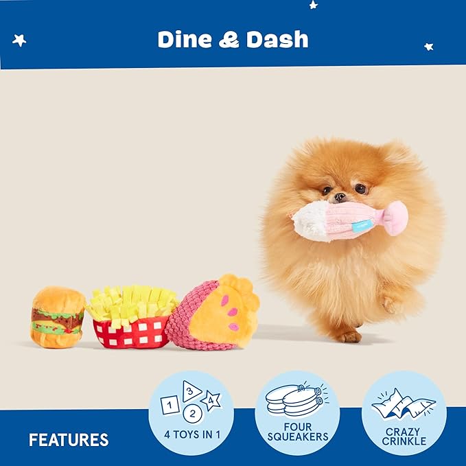 Barkbox Dine & Dash Dog Toy Bundle – Squeaky Dog Toys – Plush Dog Toys – Puppy and Pet Toys for Small Dogs