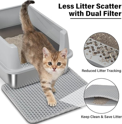 Stainless Steel Litter Box with Lid, Metal Litter Box High Sides, Low Entry Litter Boxes with Scoop and Mat,Non-Stick,Anti-Leakage,Easy to Clean Litterbox for Small to Medium Cats