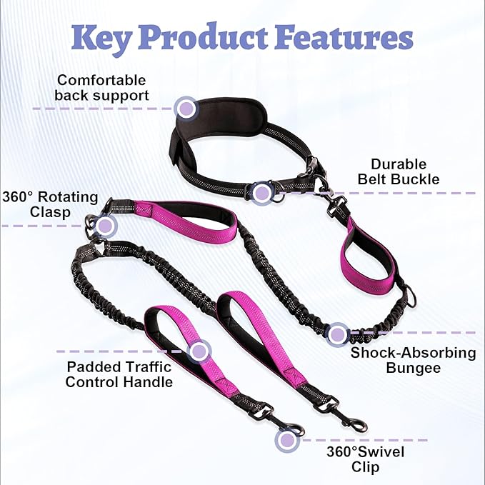 Hands Free Double Dog Leash for Two Dogs- No Tangle No Pull Dual Leash with Padded Adjustable Waist Belt & Reflective Stitching - Ideal for Running, Jogging, Hiking with Medium & Large Breeds