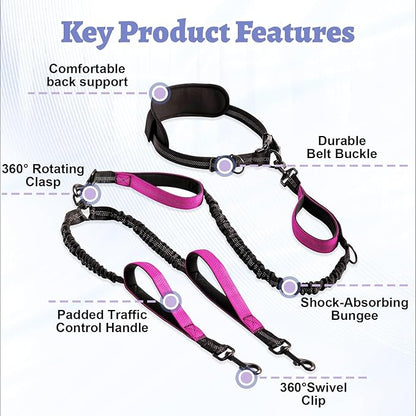 Hands Free Double Dog Leash for Two Dogs- No Tangle No Pull Dual Leash with Padded Adjustable Waist Belt & Reflective Stitching - Ideal for Running, Jogging, Hiking with Medium & Large Breeds