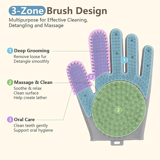 Pet Grooming Gloves for Cats & Dogs, Silicone Pet Hair Removal Glove for Bathing, Shedding & Massage, Gentle Cat & Dog Grooming Glove for Long & Short Hair Pets（Grey-Large）