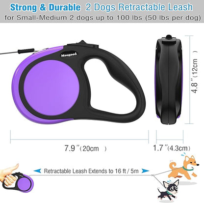 Double Retractable Dog Leash for Two Dogs Up to 50 lbs - 16 ft Coupler Leashes for Small Medium Dogs - One Locked System, Non Slip Grip, Tangle Free (Purple)