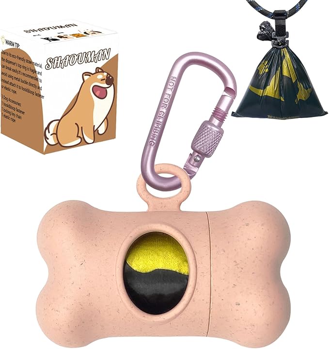 Bone-Shaped Dog Poop Bag Holder for Leash |Dispenser with 15 Leak-Resistant Waste Bags & Carabiner Clip(Pink)
