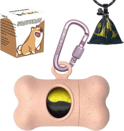 Bone-Shaped Dog Poop Bag Holder for Leash |Dispenser with 15 Leak-Resistant Waste Bags & Carabiner Clip(Pink)