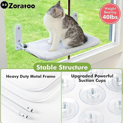 2PC Cat Window Perch Cordless Foldable Cat Hammock Bed for Window with Metal Frame and Reversible Cover, Large Suction Cups Window Resting Seat for Indoor Cats (Cat Bed, L-2PC)