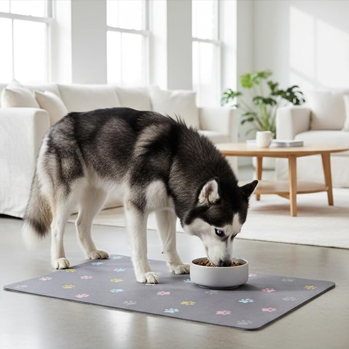 Cat Food Mat Absorbent Dog Mat for Food and Water Non Slip Quick Dry Dog Bowl Mats for Floors 24" X 16" Paw Dark Gray