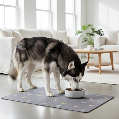 Cat Food Mat Absorbent Dog Mat for Food and Water Non Slip Quick Dry Dog Bowl Mats for Floors 24" X 16" Paw Dark Gray