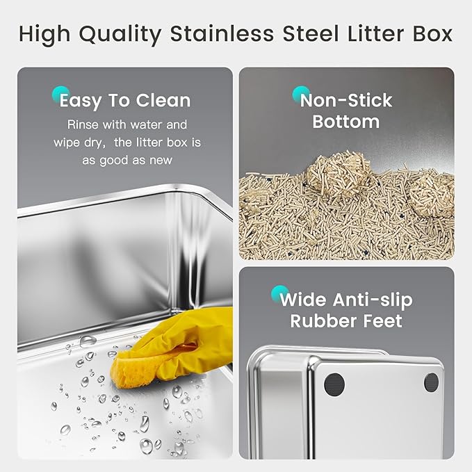 Tripamin 15” XL Stainless Steel Cat Litter Box Enclosure, XXL Stainless Steel High Sides with Lid, Extra Large Metal Cat Litter Box (Transluce+Black, 2-pcs XX-Large)