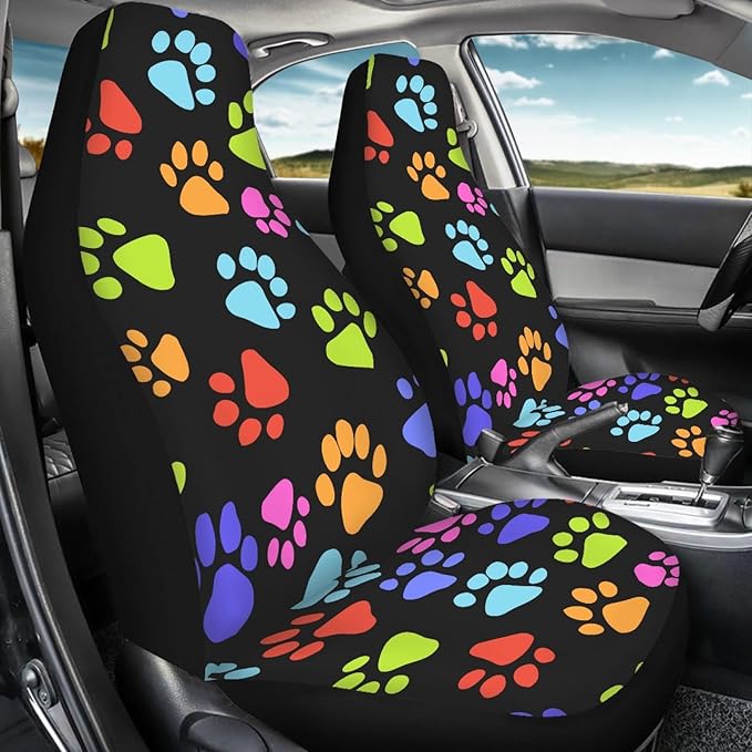 Dreaweet Cute Colorful Puppies Dog Paw Print Seat Covers for Cars Auto Car Accessories for Women Funny Front Seat Cover for Truck Sedan SUV Gift