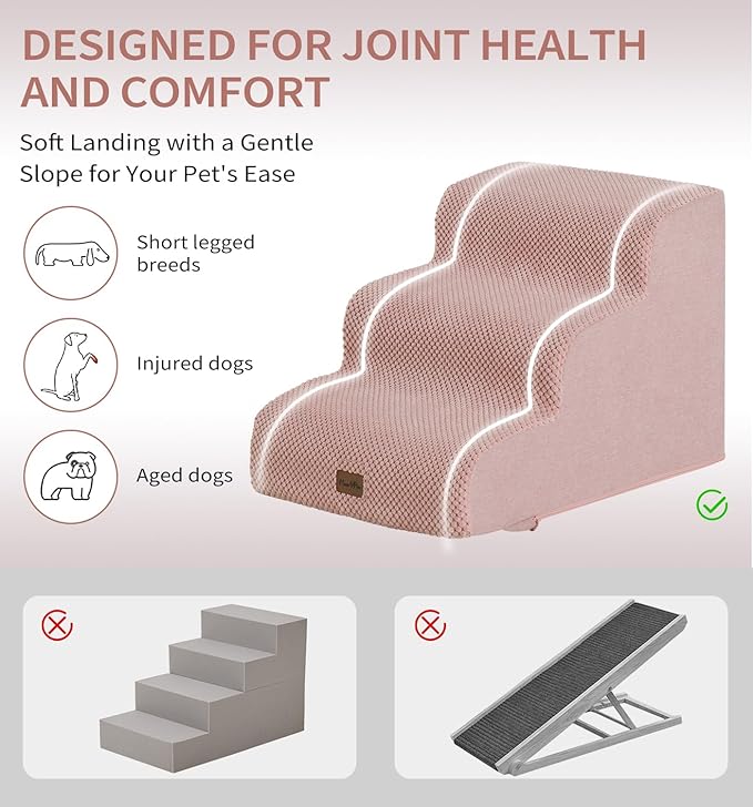 Made4Pets Dog Stairs Ramp for Small Dogs 15.7" H, 3-Step Dog Steps for Bed Couch Sofa and Chair, 35D Foam Pet Steps for Small Dogs and Cats, Non-Slip Bottom Pet Stairs, Pink