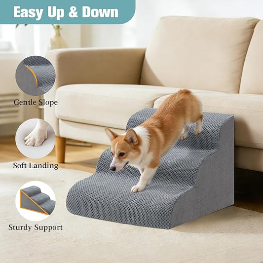 Dog Stairs for Small Dogs, 3-Step Dog Steps for Couch Sofa and Chairs, High-Density Foam Pet Steps Ramp with Removable Washable Cover for Older Injured Puppy Dogs and Cats, 13.78" H, Grey