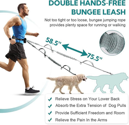 Hands Free Dog Leash with Pouch, Double Leash for Two Dogs, Retractable Bungee with Double Padded Handles, Dog Waist for Dog Walking, Running for Dogs, Dog Walking Accessories