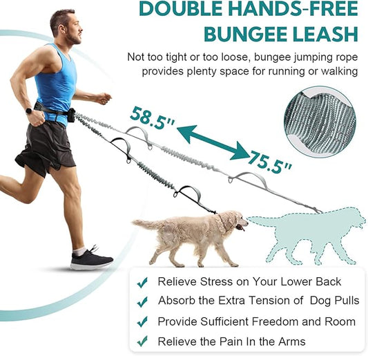 Hands Free Dog Leash with Pouch, Double Leash for Two Dogs, Retractable Bungee with Double Padded Handles, Dog Waist for Dog Walking, Running for Dogs, Dog Walking Accessories