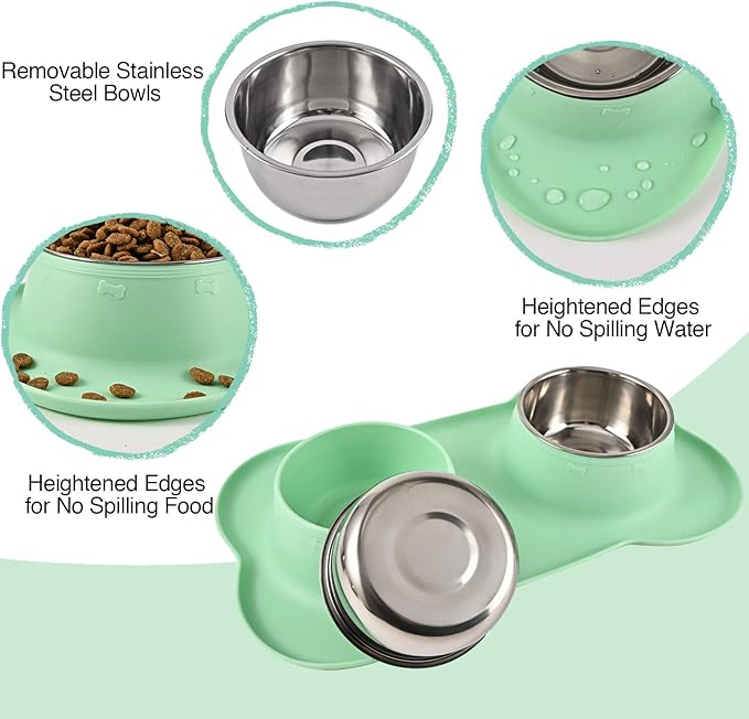 Dog Bowls 2 Stainless Steel Bowl for Pet Water and Food Feeder with Non Spill Skid Resistant Silicone Mat for Pets Puppy Small Medium Cats Dogs