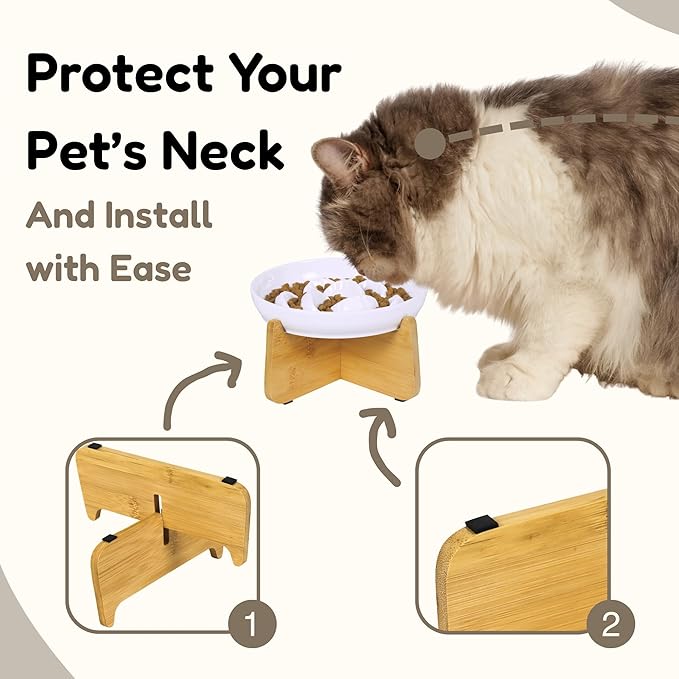 Slow Feeder Cat Bowl with Stand, Melamine Slow Eating Cat Bowl with Higher Edges Dumpling Design Elevated Cats Food Bowls for Dry and Wet Food Anti-Vomiting Puzzle Feeder for Healthy Eating Diet