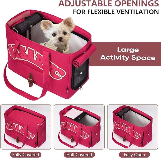 Dog Purse Carrier for Small Dogs, Cats and Puppies – Soft-Sided Foldable Pet Travel Bag with Multi Pockets, 3-Sided Mesh & Rollable Cover for Nervous Cats, Fits Pets up to 15 lbs (Berry Red)