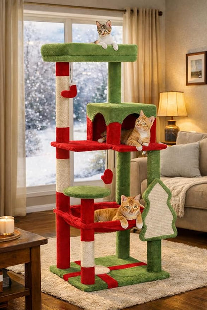 Cat Christmas Tree for Indoor Cats – 56.3“ Cat Proof Christmas Tree Tower with Large Hammock, 3 Scratching Posts & 3 Christmas Toy Balls – Holiday Cat Tree with Festive Decor, Christmas Red